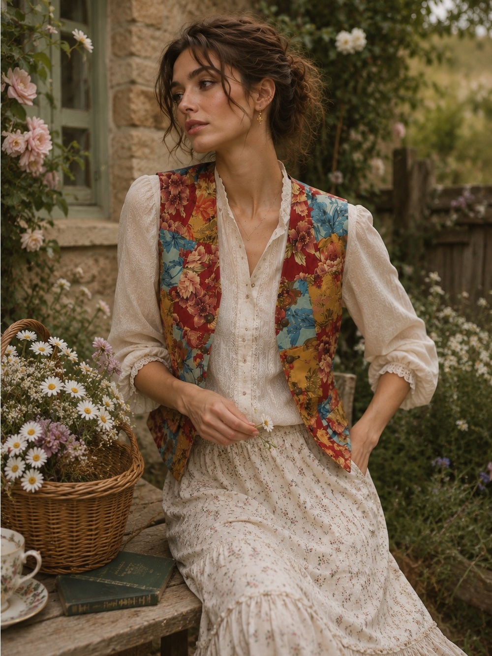 LIZ SPORT Vtg 90s Floral Patchwork Vest Sz S Petite Gramdmacore Boho Cottagecore - Picture 16 of 16